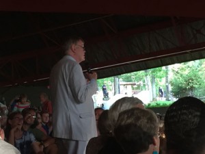 Garrison Keillor started the show by walking down the center aisle while telling stories.